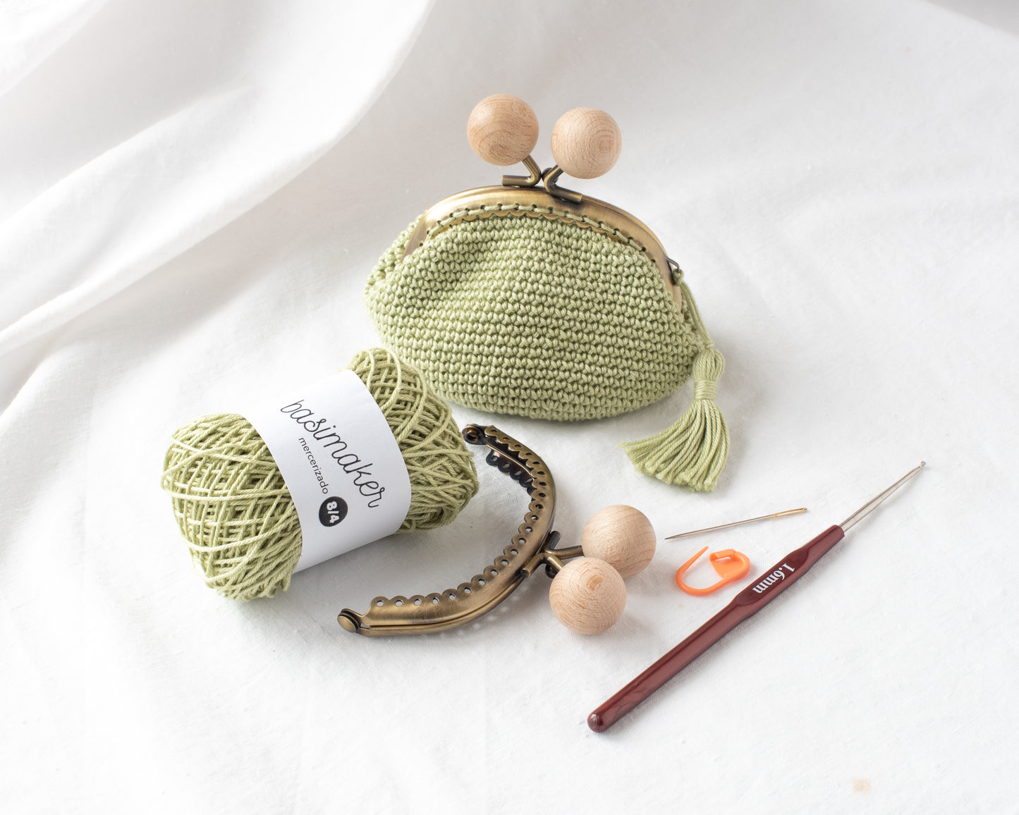 Kit para hacer un monedero, con hilo, gancho, aguja, marcador y boquilla redonda con bolas de madera natural
