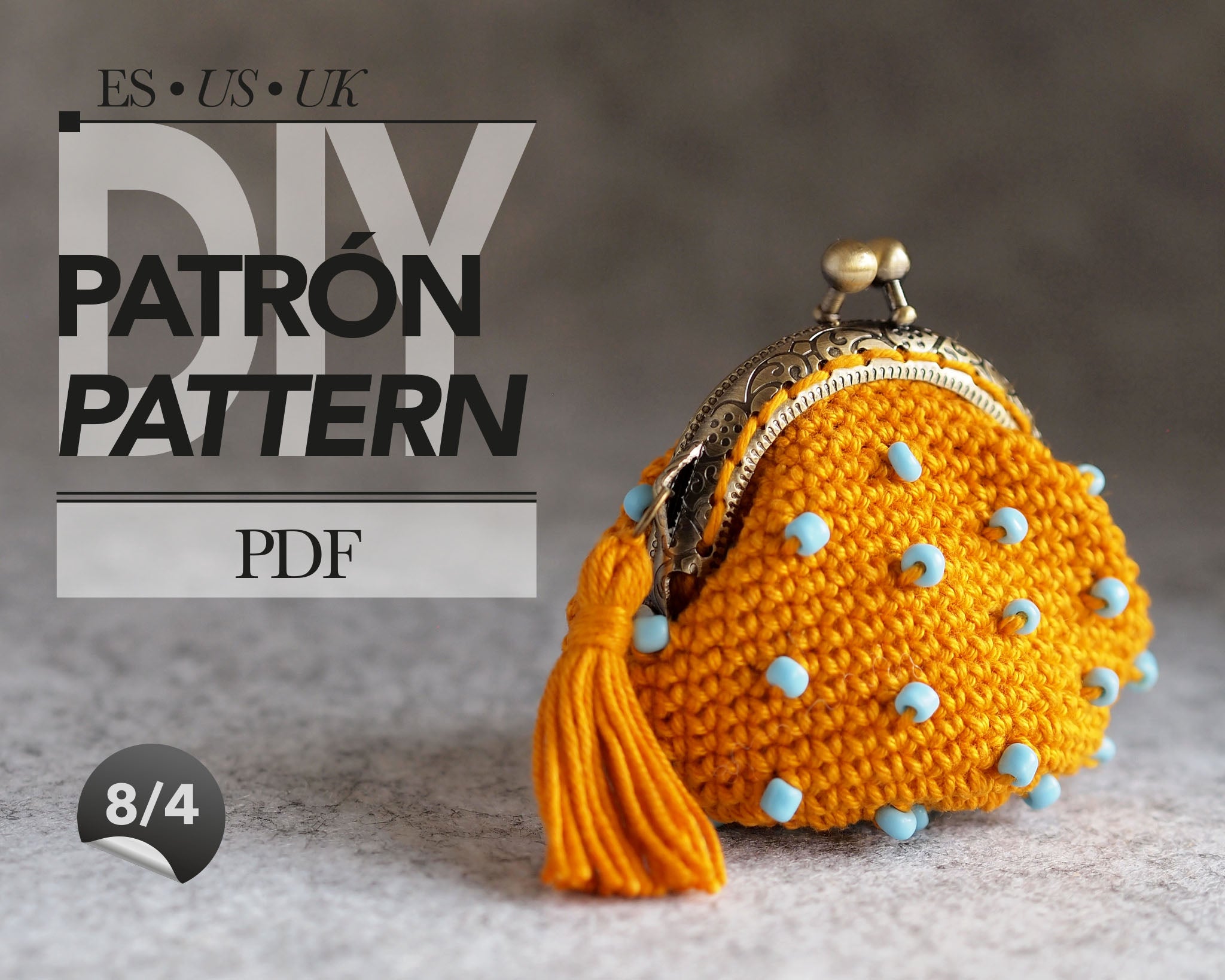 Patrón MINI monedero de crochet con cuentas de cristal. Boquilla de 5 cm.