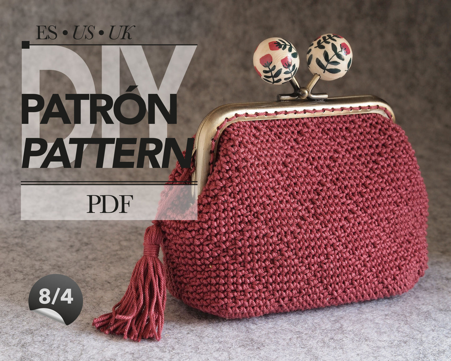 Crochet purse pattern. Model LITTLE EMBOSSED DIAMONDS II. 10.5cm. frame. Lined.